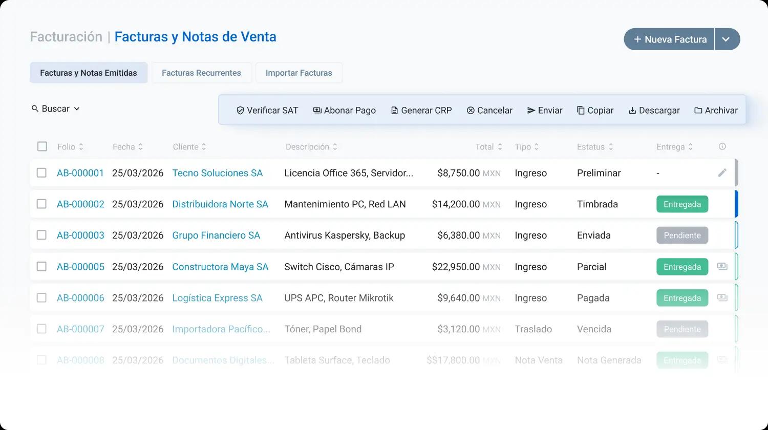Listado de facturas y notas de venta